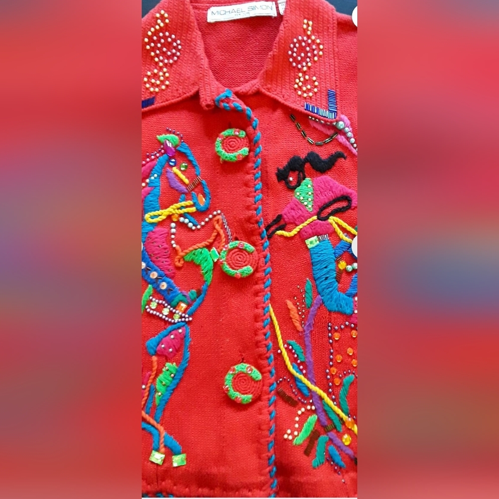 SM/MED Vintage Michael Simon Red Beaded Rodeo-theme Vest - Picture 4 of 7